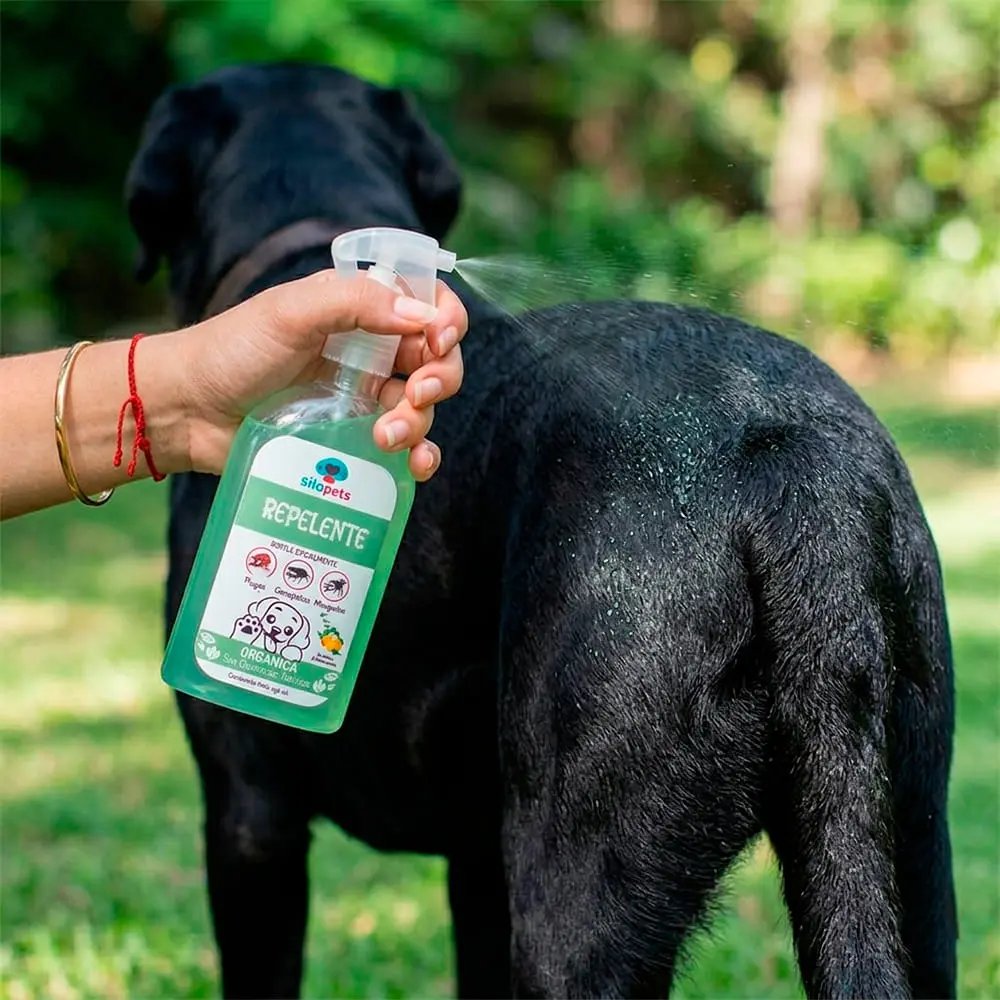 Mujer aplicando el repelente orgánico de pulgas y garrapatas silopets a su perro