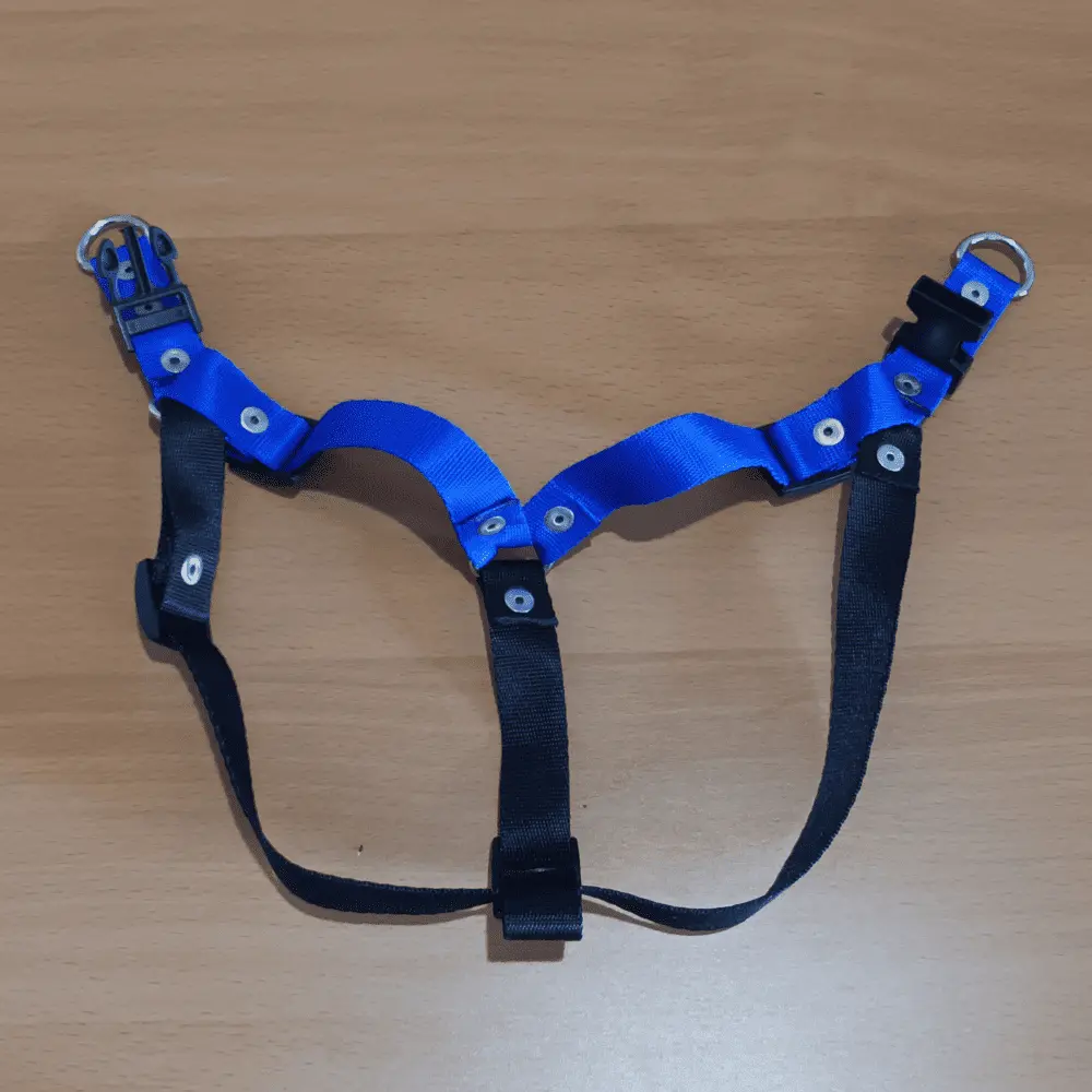 Pechera silopets azul y negra abierta en el piso